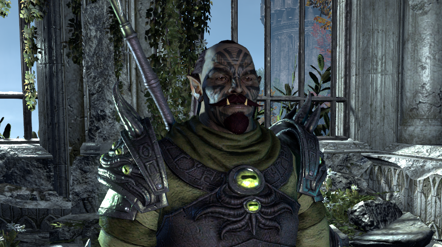 An Arcanist Orc wearing the Champion Gear and face paint in the character creation menu in ESO.