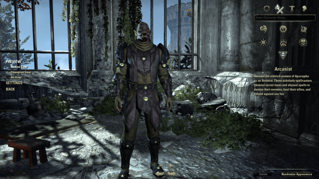 An Arcanist Orc wearing the Novice Gear in the character creation menu in ESO.