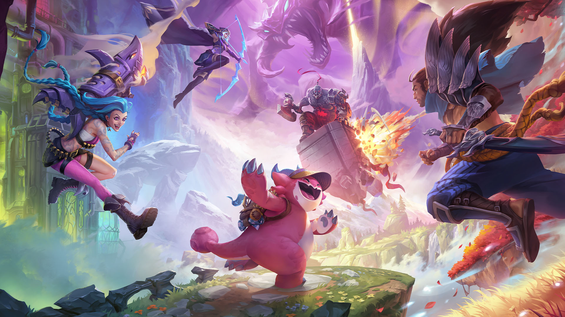 A variety of LoL champions converge to battle each other, while being directed by a smiling pink and white monster wearing a hat in TFT.