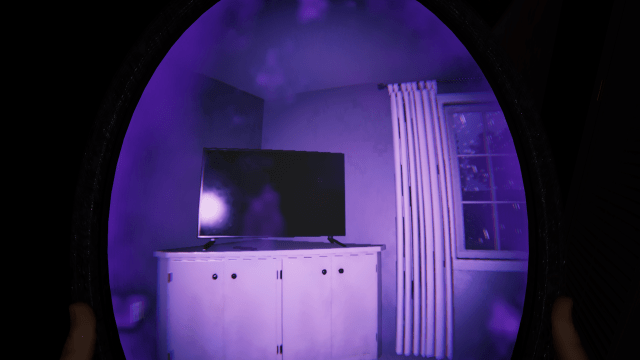 A player holds the Haunted Mirror, which is illuminated in purple and shows a reflection of a television on top of a wardrobe unit and a window in another room in Phasmophobia.