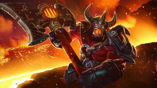 Axe, a red beast in armor, holding a giant axe while flames surround him.
