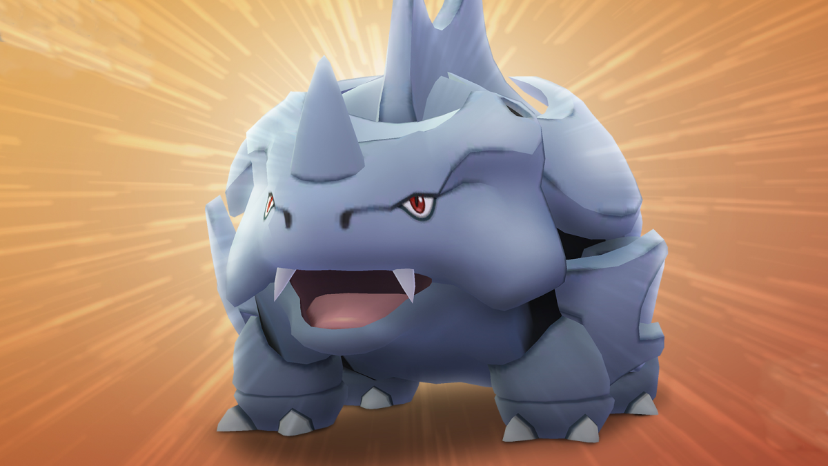 Rhyhorn shown growling in Pokémon Go.