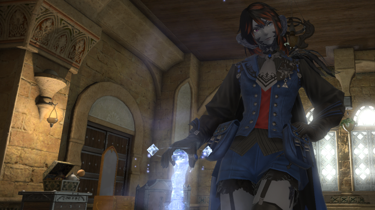 A Blue Mage standing on her weapon inside an inn on FFXIV.