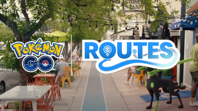 A street shown with some Pokémon, as well as Pokémon Go and Routes logos.