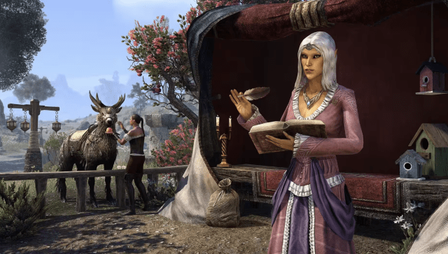 A High Elf with white hair holds a quill pen and an open book. An Indirik, a deer-like mount, stands behind her.