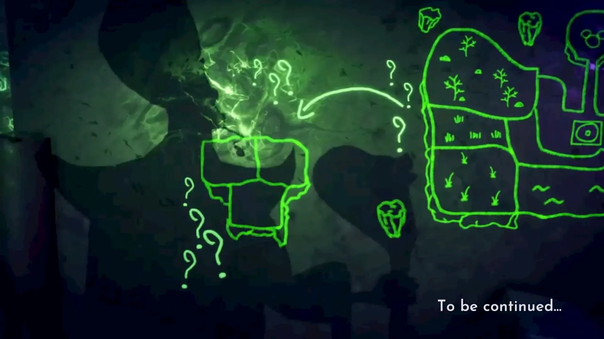 แผนที่ของ Dreamlight Valley ที่วาดด้วยสีเขียวสดใสพร้อมเงาของ Jafar ปรากฏขึ้นเหนือมัน
