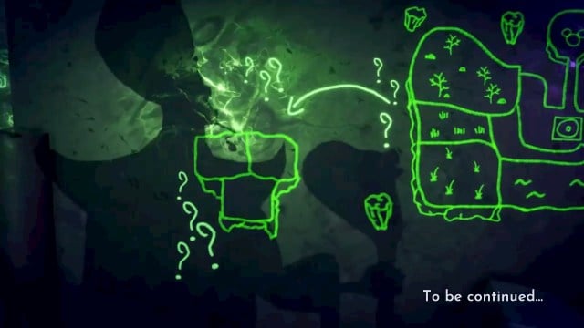 A map of Dreamlight Valley drawn in bright green with a shadow of Jafar looming over it.