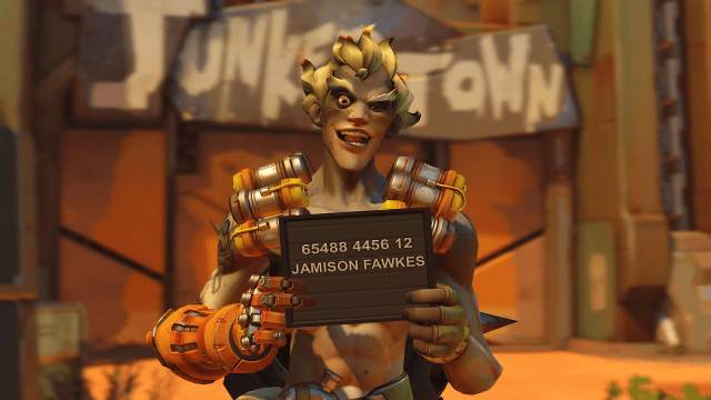 Junkrat, a hero from Overwatch, holding up a mug shot sign and smiling in Junkertown.