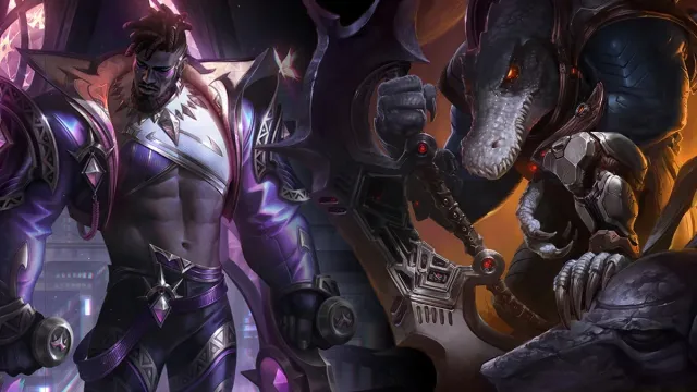 K'Sante (left), holding two melee weapons with a purple aura, while Renekton (right) wields a giant axe surrounded by an orange haze.