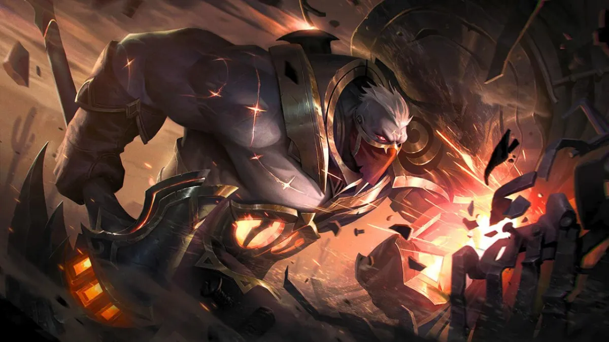 A man wearing a face mask punching a rock in League of Legends