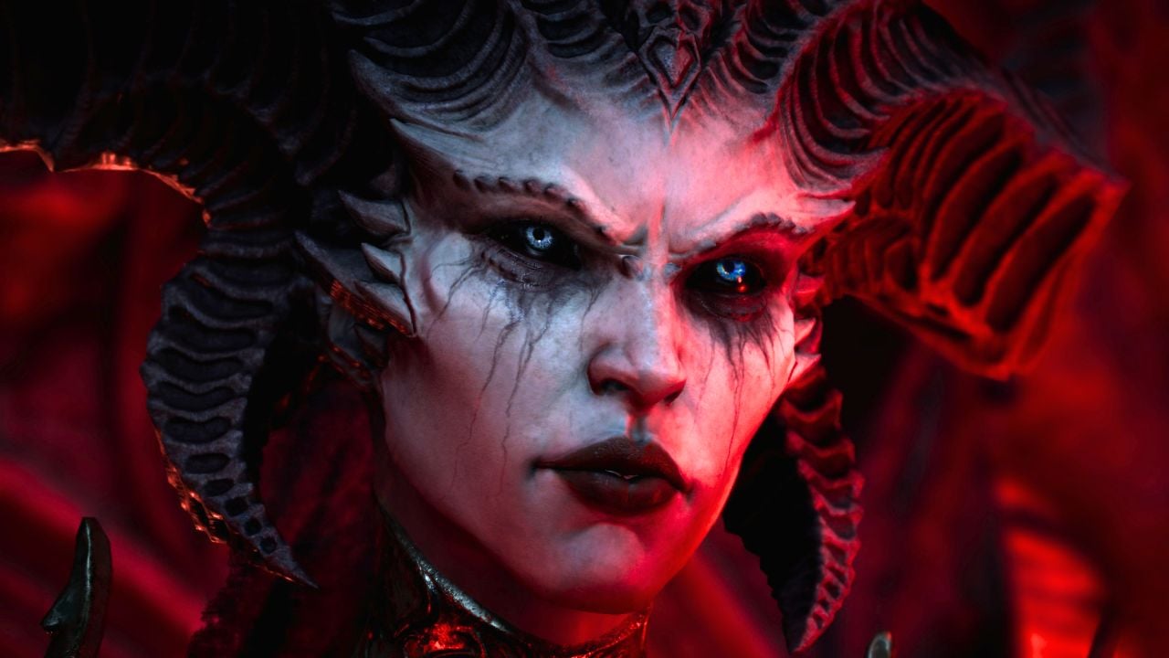 Face of a woman with horns, smudged makeup, and two different colored eyes in Diablo 4