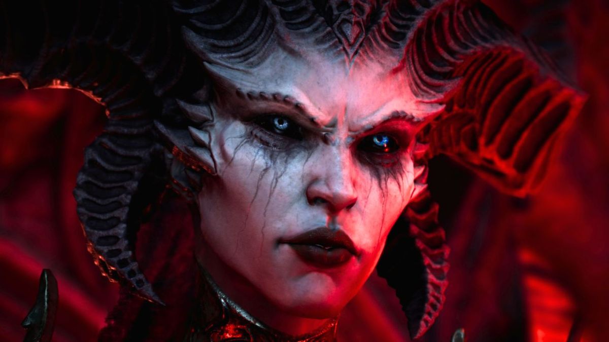 Face of a woman with horns, smudged makeup, and two different colored eyes in Diablo 4