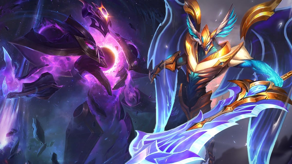 Xerath, a gigantic purple corporeal elemental, and Aatrox, a guard wearing golden armor and wielding a huge sword, face off against each other in League of Legends.