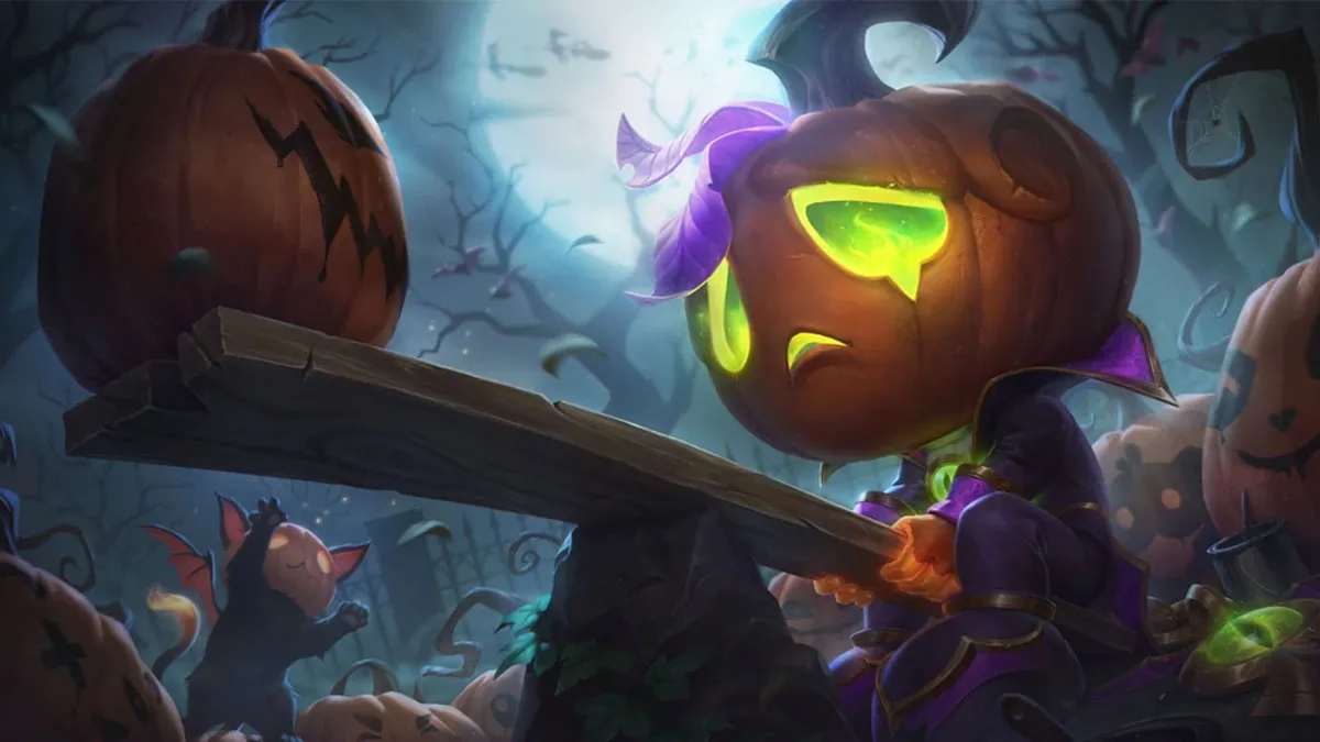 Amumu, a champion from League of Legends, in his Pumpkin skin sitting on a see-saw with another pumpkin.