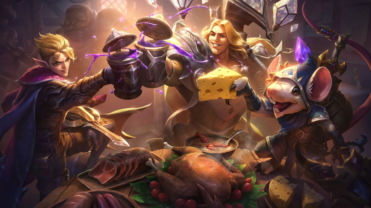 Talon, Twitch, and Taric all cheers drinks together around a tavern table in RPG-inspired outfits in League of Legends
