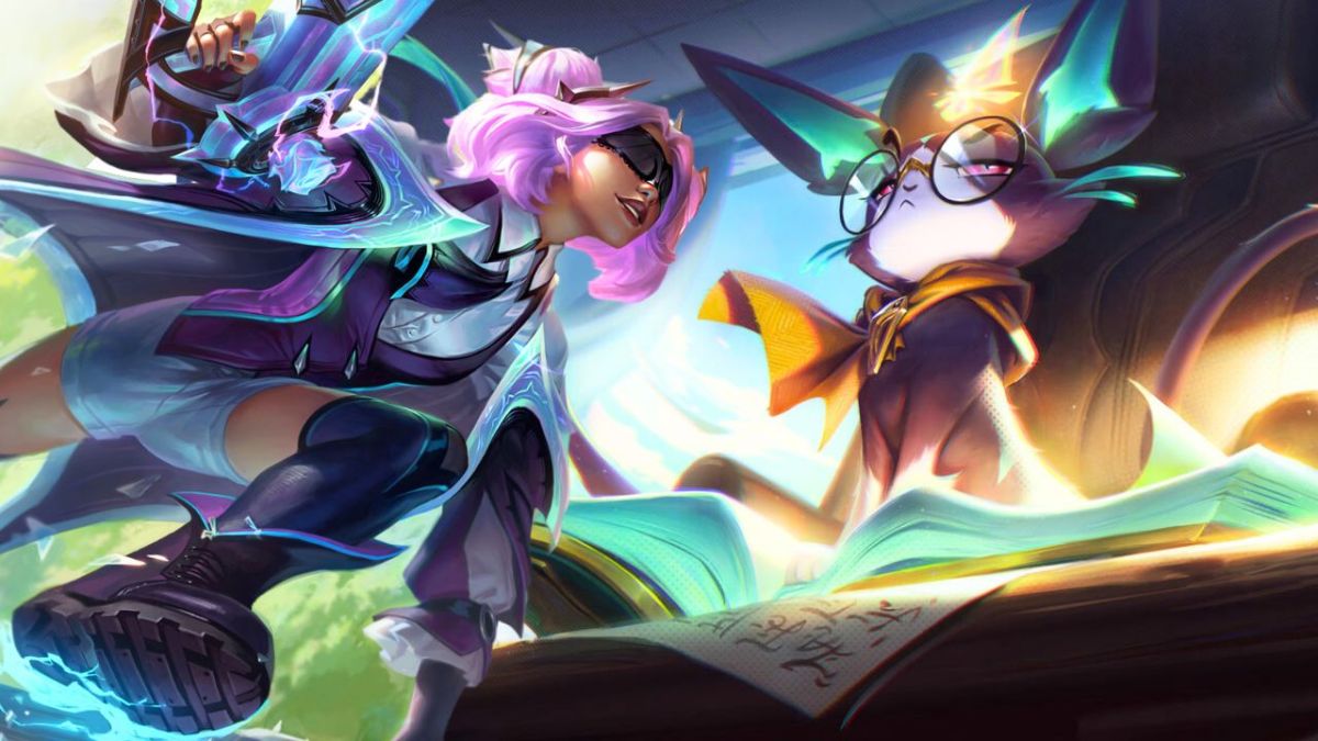 Woman with gun jumping next to a cat on a book in League of Legends