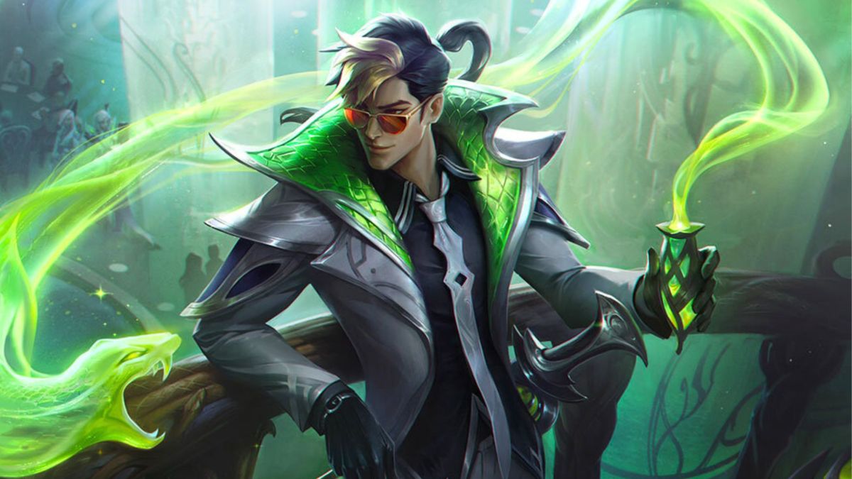 Man with silver suit with green streams of magic around him in League of Legends.