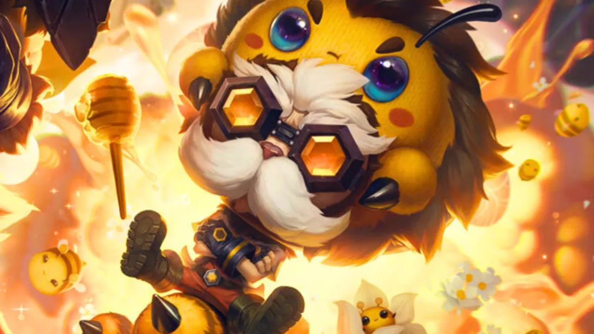 Small man with mustache wearing goggles and a bee-themed outfit in League of Legends