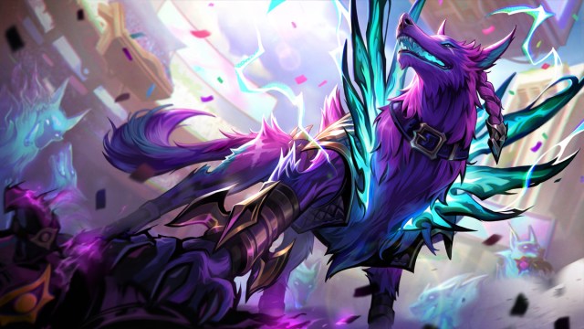 A neon pink and blue dog stands ready to fight in League of Legends.