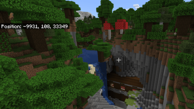 A Woodland Mansion tucked into a lush cave in a dark forest biome. 