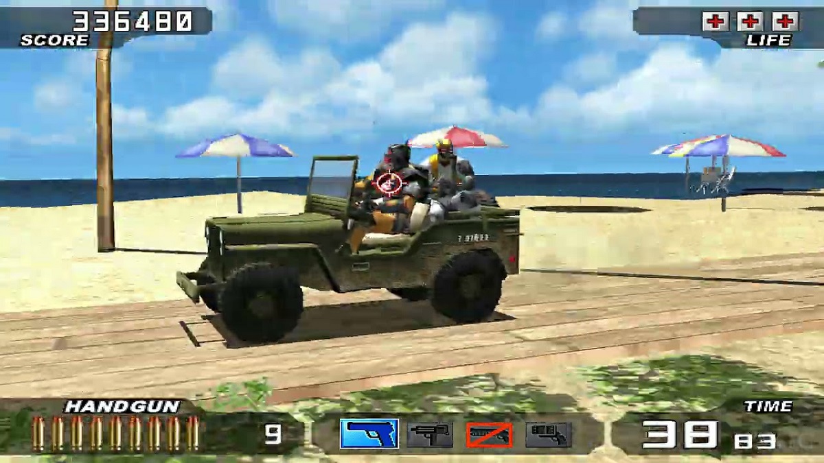 An image of the main characters traversing the beach on a vehicle in Time Crisis 3.