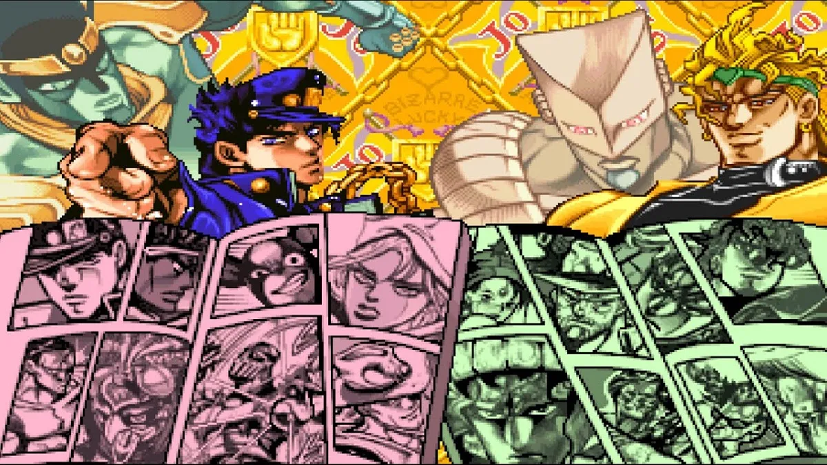 An image of the character selection screen showcasing all the playable characters in JoJo's Bizarre Adventure.