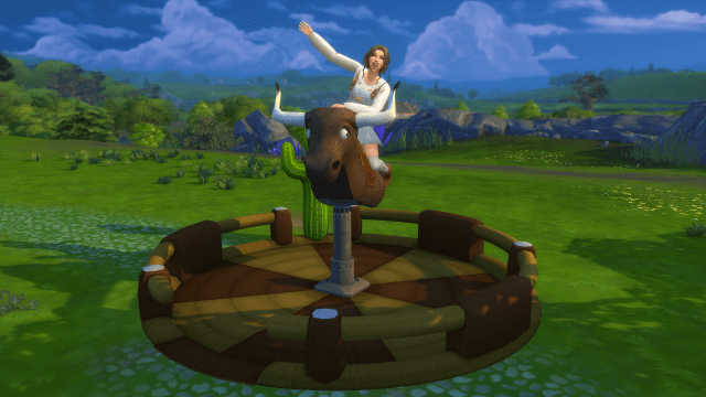 A Sim grinning with one hand in the air as they ride the mechanical bull.