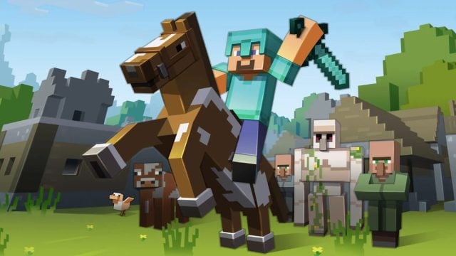 Steve de Minecraft monté sur un cheval.