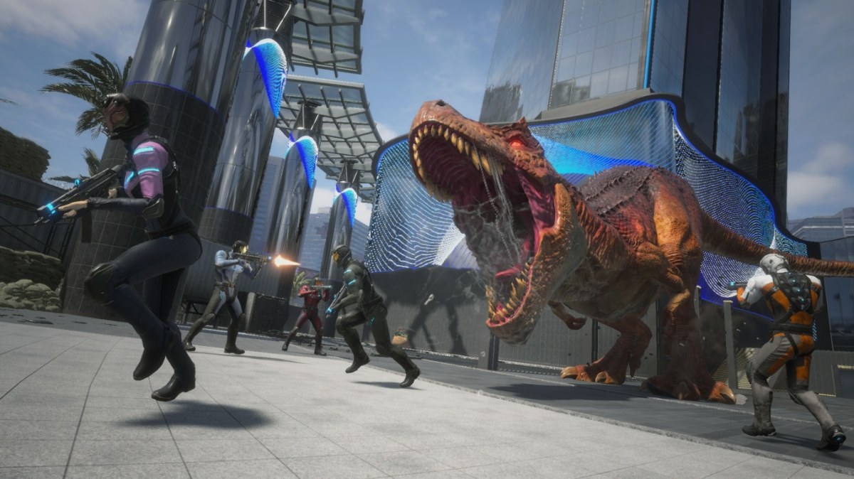 Characters in Exoprimal fighting a T-Rex in a city environment.
