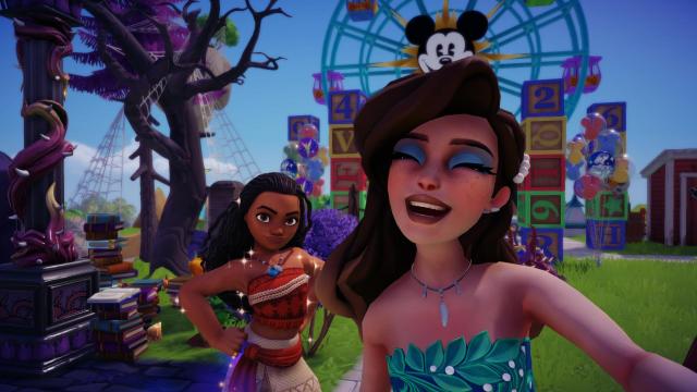 The player taking a selfie with Moana in front of a mickey mouse ferris wheel.