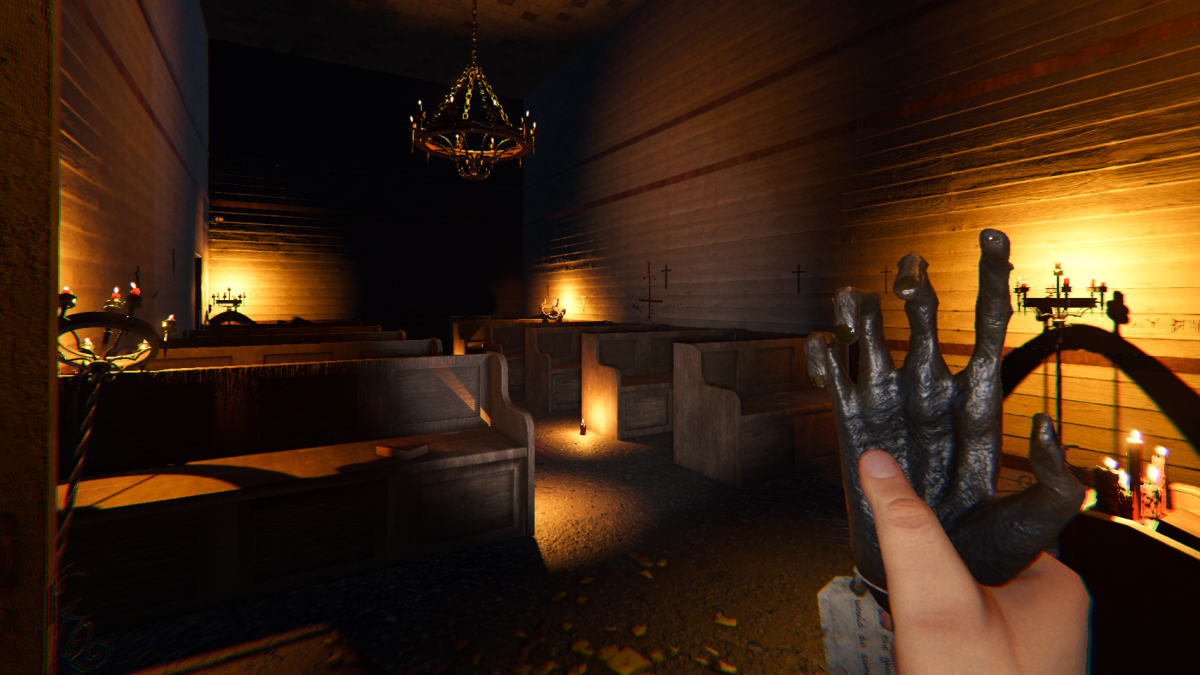 The player holding a Monkey Paw in the chapel of Sunny Meadows Mental Institution.