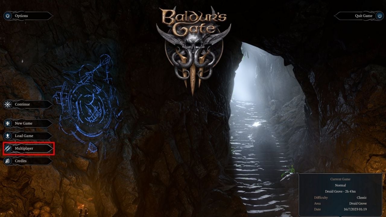Screen showing the main menu with options and a red box around the multiplayer button in Baldur's Gate 3