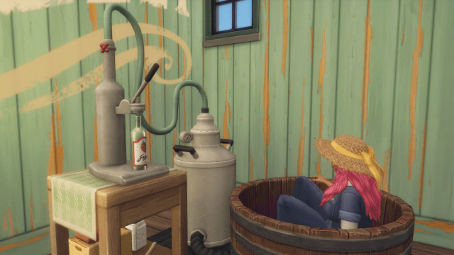 A Sim sitting in the wooden Nectar-making machine after falling down. 