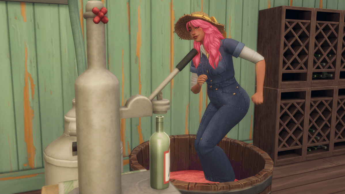 A Sim making Nectar with the Nectar makig machine by stepping on fruit.