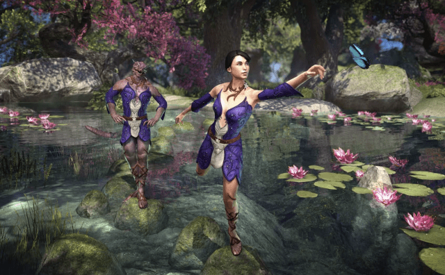 An Argonian and a Breton wear a fairy-like purple costume and stand on mossy rocks in a Lily-pad covered pod