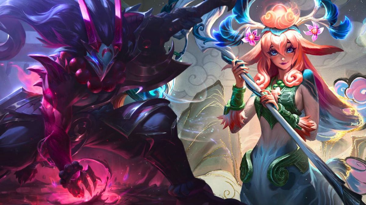Man in red armor wearing mask and half woman half deer woman wielding a staff in League of Legends