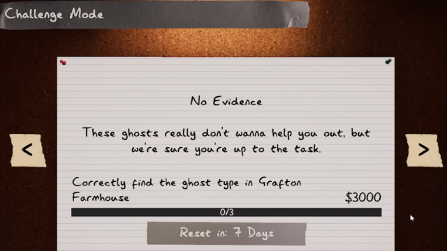 The description of the No Evidence challenges which says: "These ghosts really don't wanna help you out, but we're sure you're up to the task."