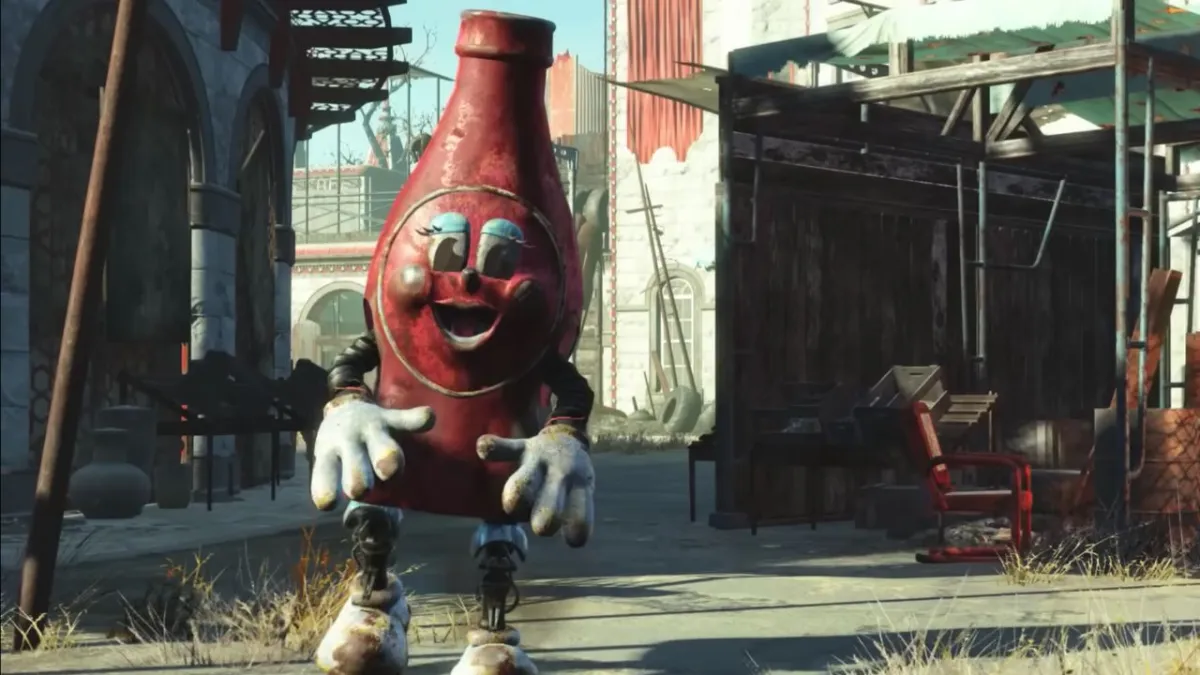 A giant walking bottle with hands and a face in a wasteland of Fallout