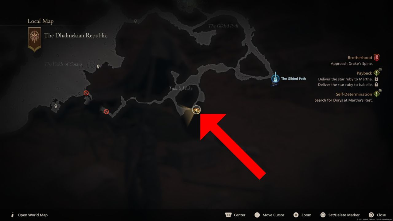 A map and an arrow pointing to the location of the One Man's Treasure in FFXVI