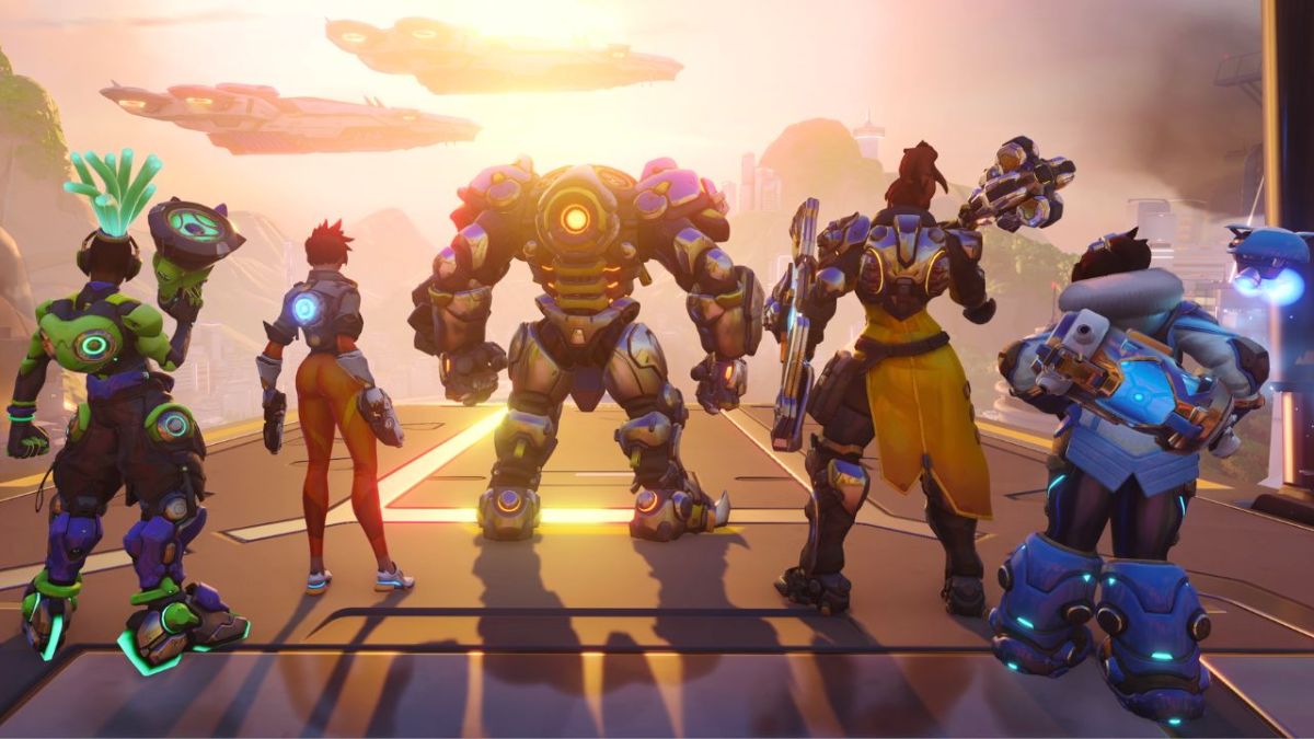 Group of five Overwatch 2 heroes staring at a rising sun.