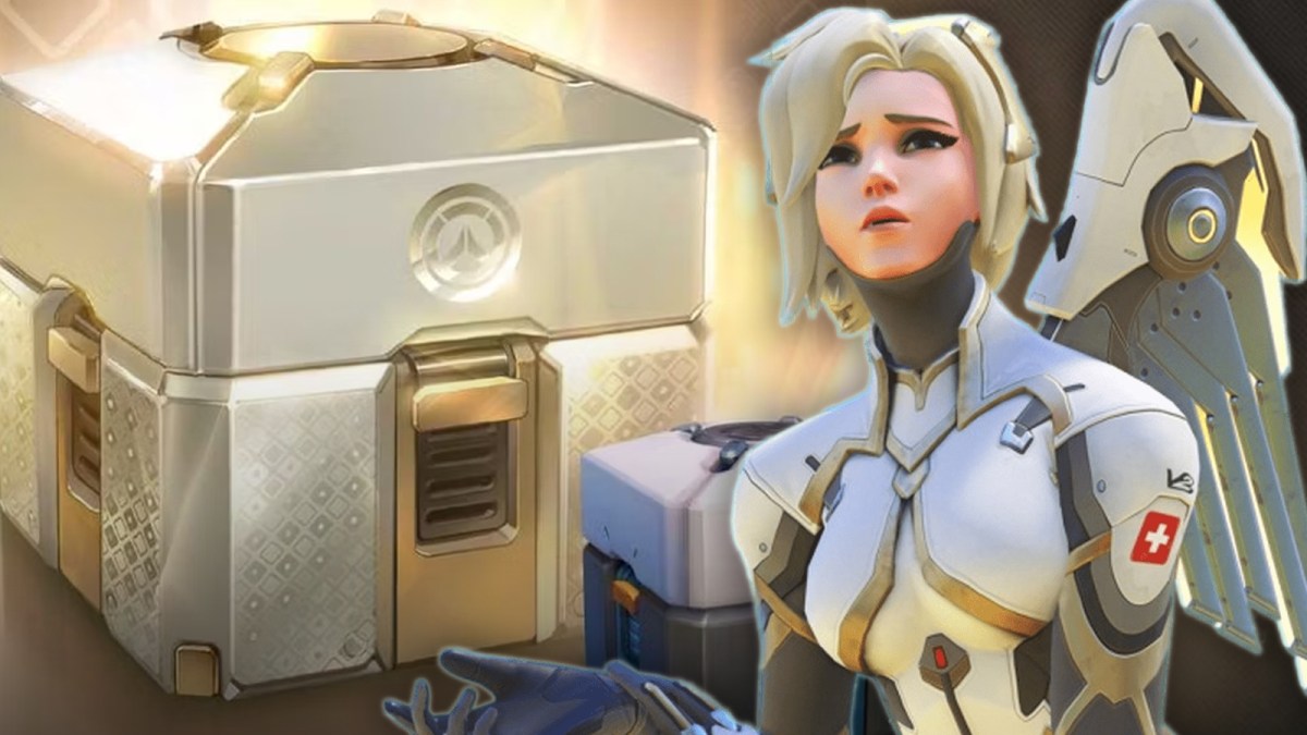 Mercy looks confused next to a huge Overwatch 2 golden loot box and a small regular loot box