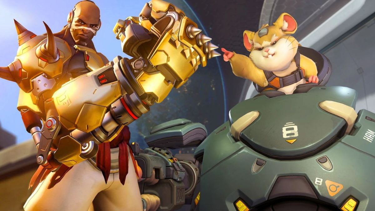 Man in golden armor with spikes and hamster in a ball in Overwatch 2.