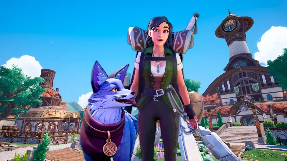 Woman wearing large back pack standing next to a fox in a collar in Palia