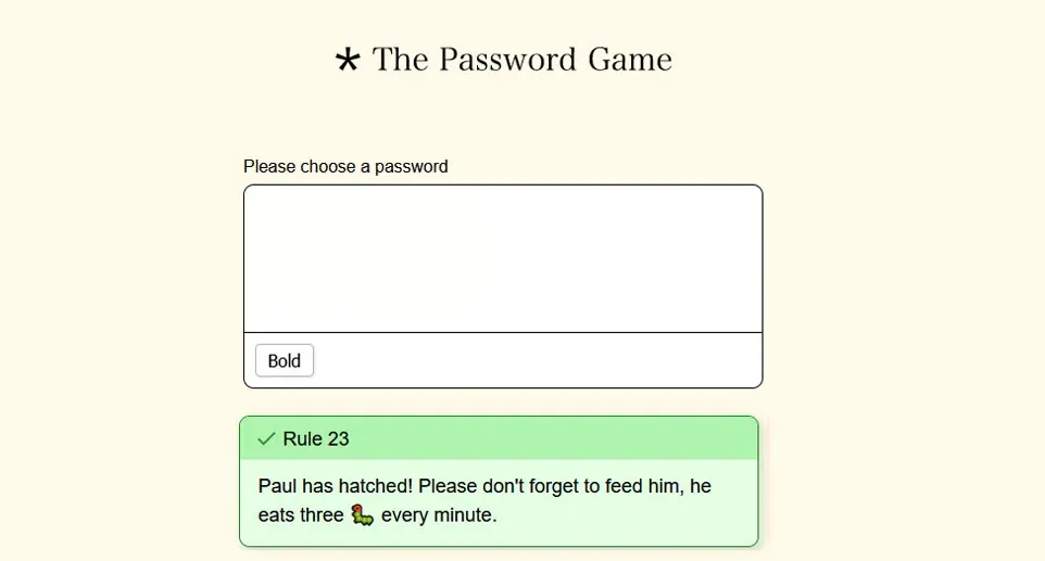 A screenshot of The Password Game, a browser game featuring a text box and a rule box.