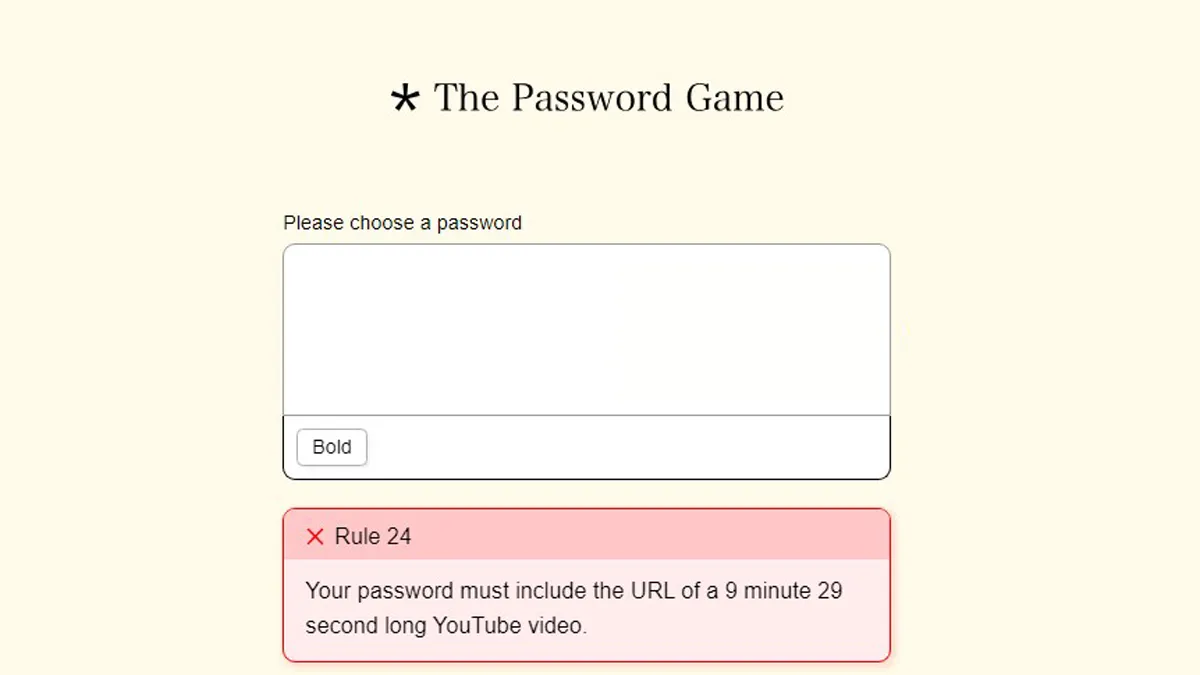A screenshot of The Password Game, with a red box highlighting a rule that has been broken.