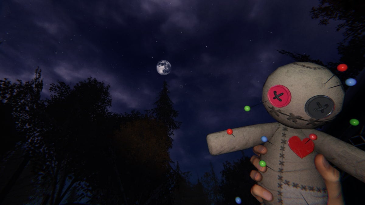 The player holding a Voodoo Doll in front of the night sky with a full moon in Phasmophobia.