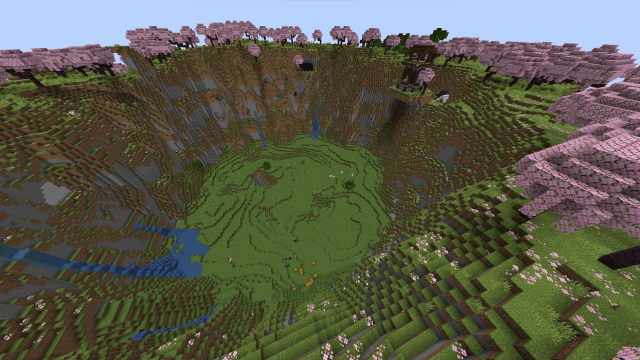 A circular cherry blossom biome with a pillager output sitting on the edge. 