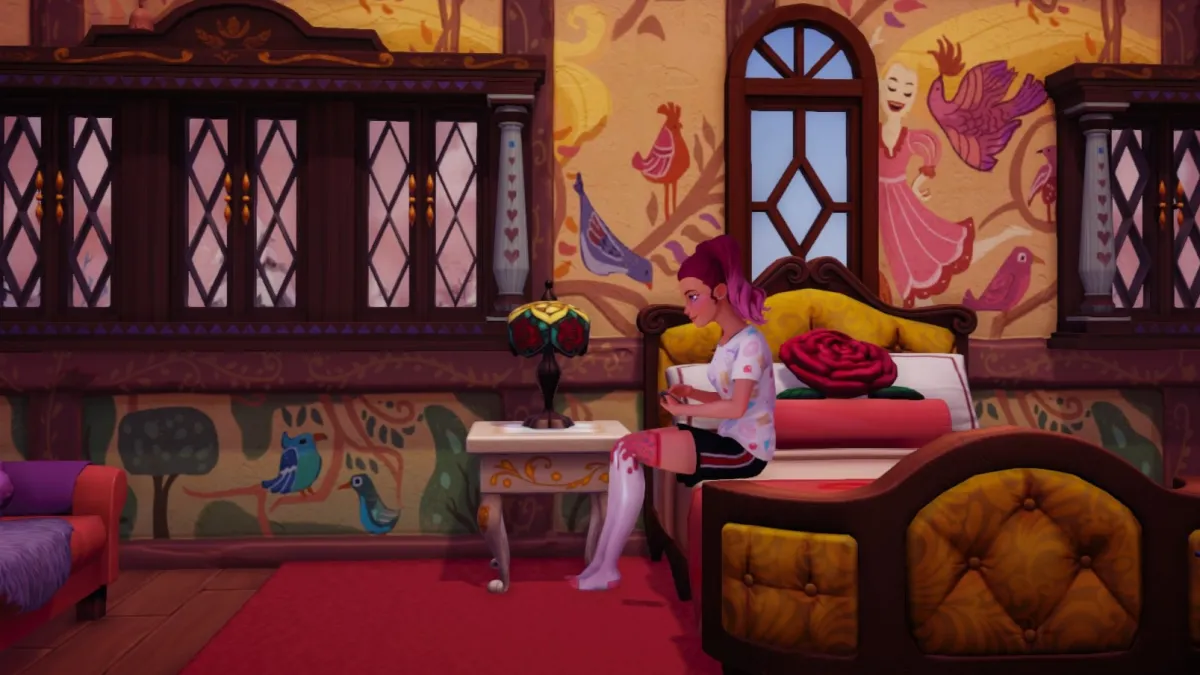 The player sitting on a bed and using their phone.