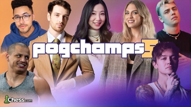 Streamers Tyler1, Jarvis, CDawgVA, Fuslie, QTCinderella, Papaplatte, and Ghastly appear clockwise around the new PogChamps 5 logo