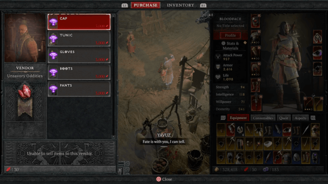 The interface for the Unsavory Oddities vendor in Diablo 4.